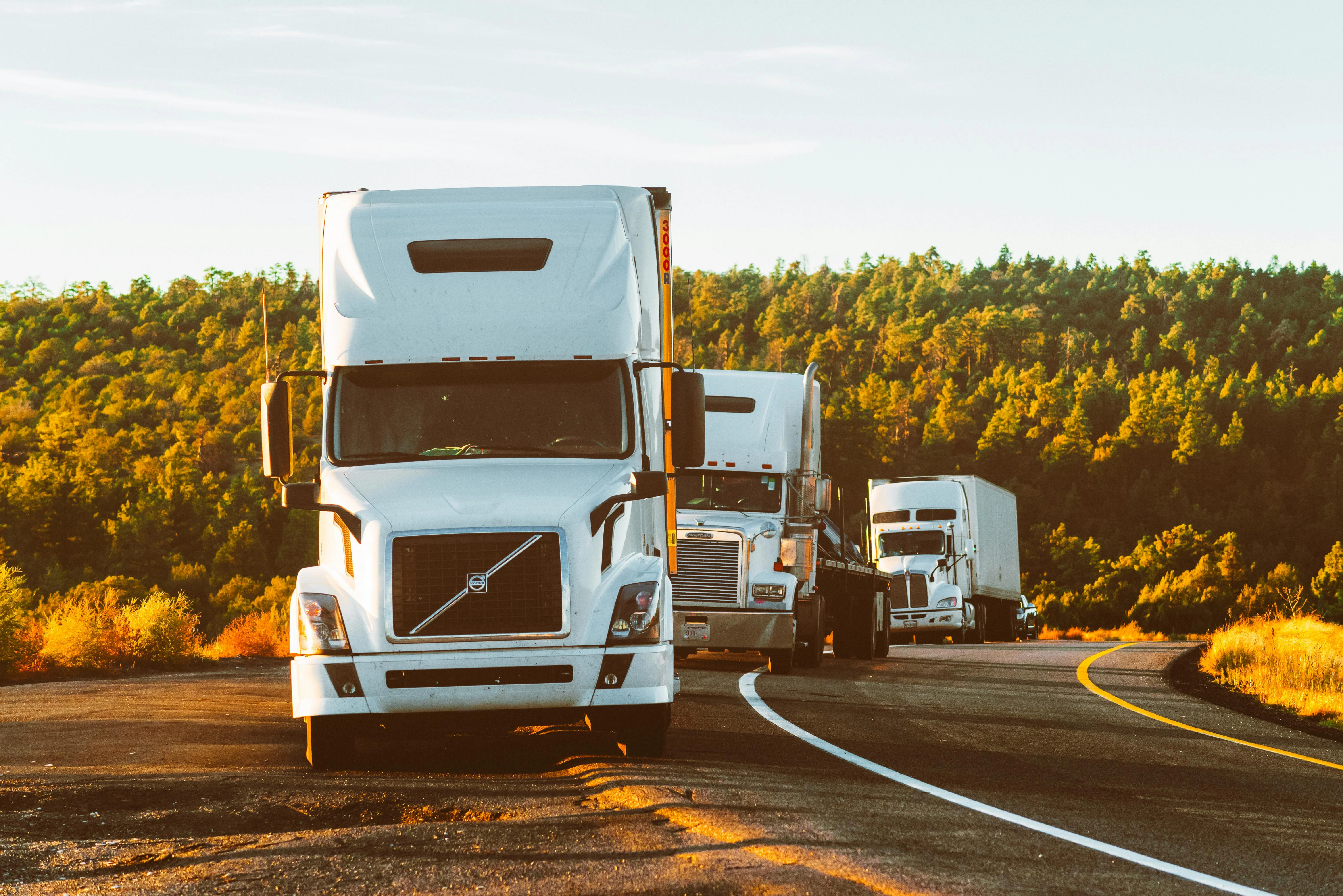 Fleet of semi-trucks on a highway representing global logistics and transportation recruitment.
